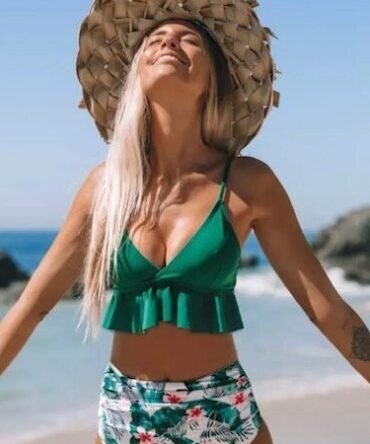 Belle Basic Green Ruffle Hem Tankini