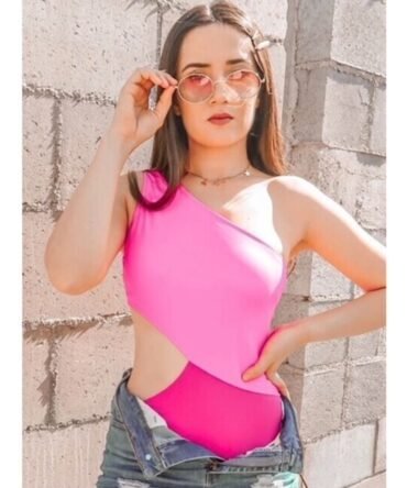 Two Tone One Shoulder One Piece Swimsuit - Image 6