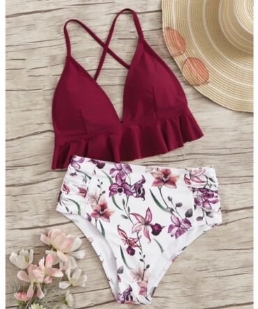 Belle Basic Red Ruffle Hem Tankini