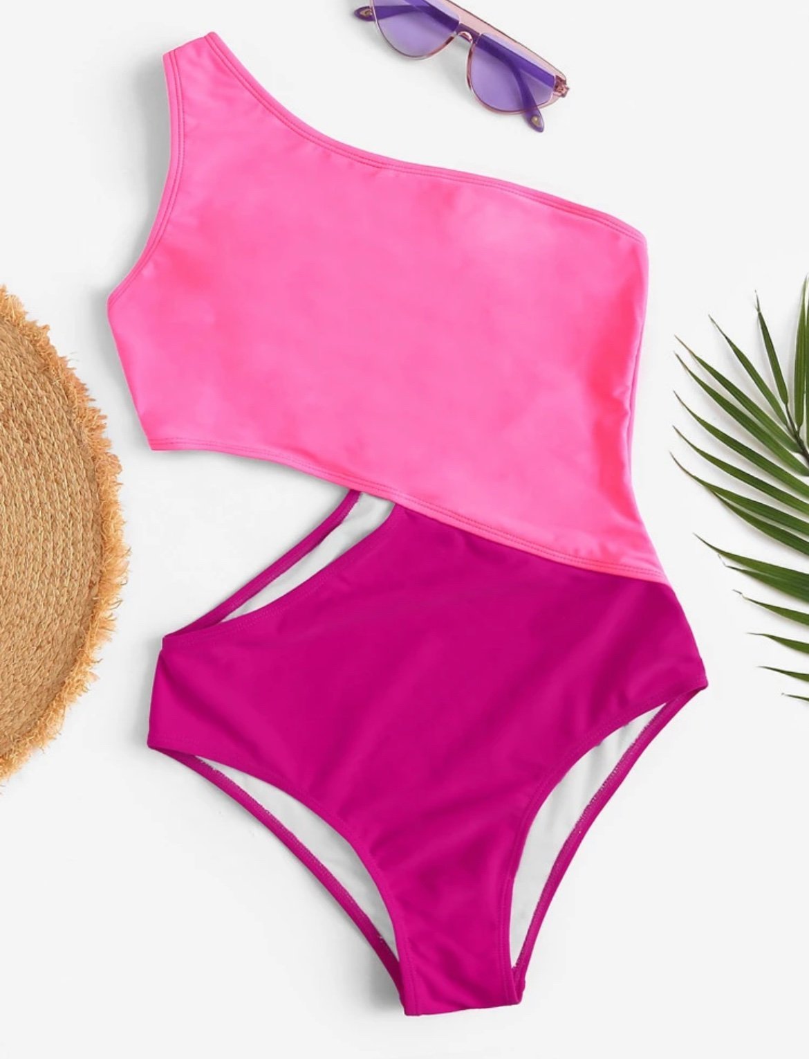 Two Tone One Shoulder One Piece Swimsuit - Image 3