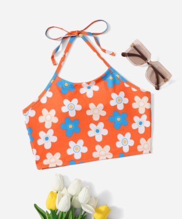 Floral Pattern Halter Bikini Top
