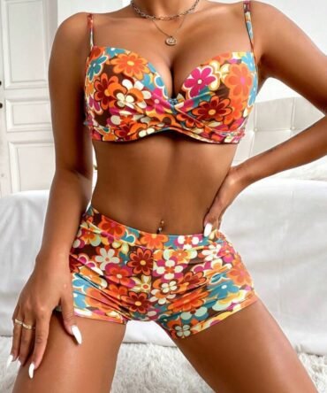 Floral Print Twist Front Summer Beach Bikini Set