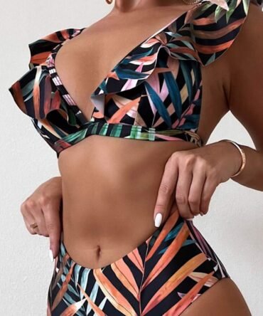 Plant Print Ruffle Trim Bikini Top