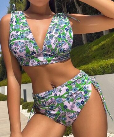 Floral Print Tie Shoulder Summer Beach Bikini Set