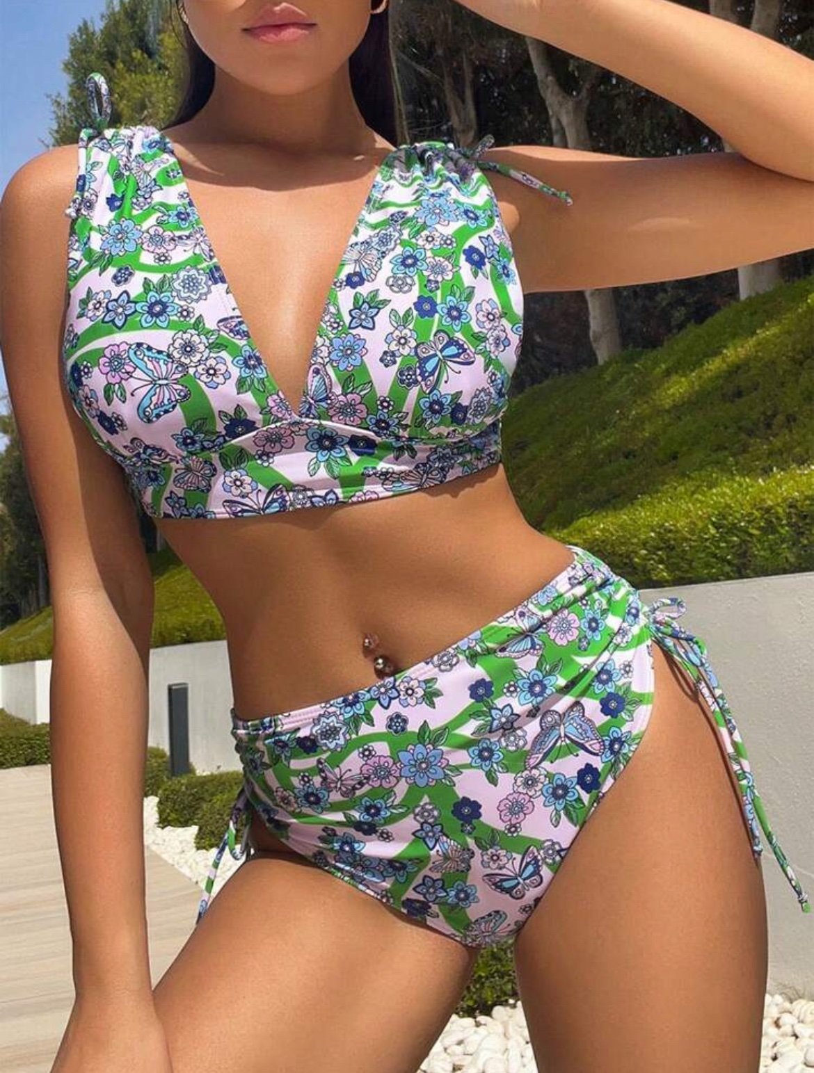 Floral Print Tie Shoulder Summer Beach Bikini Set