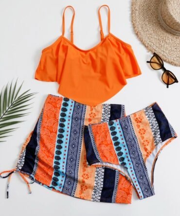 3 pack Floral Hanky Hem Bikini Swimsuit and Beach Skirt