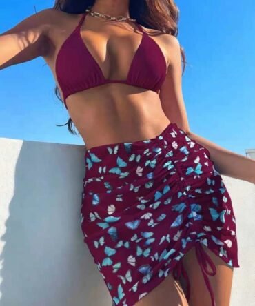 Solid Halter Triangle Bikini Set with Beach Skirt