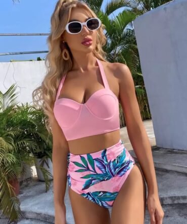 Tropical Push Up Ruched High Waisted Bikini
