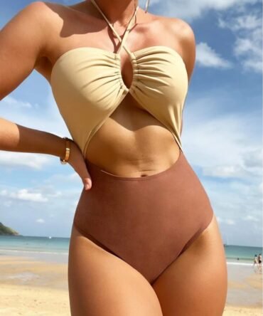 Color Block Cut Out Halter One Piece Swimsuit