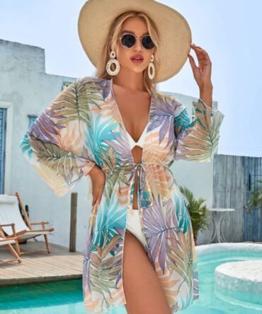 Plant Print Tie Front Kimono