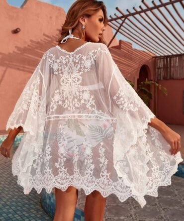 Scallop Hem Embroidery Mesh Kimono